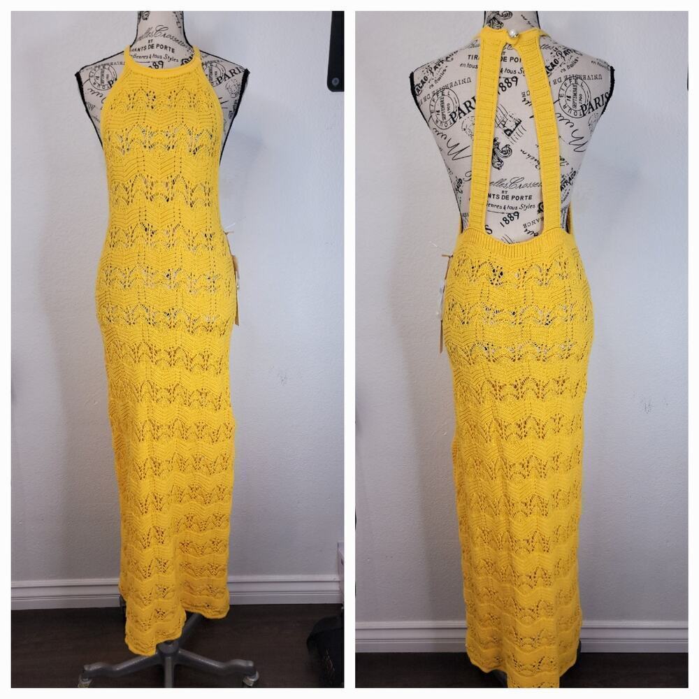 House of Harlow 1960 Maxi Dress SZ Small Daffodils Knit Yellow Halter Crochet